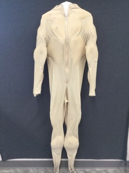 Unisex, Muscle Suit, MTO, Beige, Polyester, Solid, 42, Stretch, Full Body with Long Sleeves, Full Legs with White Elastic Stirrups at Leg Openings, Center Back Zipper