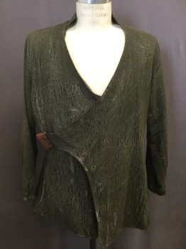 Mens, Jacket, MTO, Olive Green, Gray, Cotton, Abstract , 44R, V-neck, Cross Over Chest W/copper Buckle-like Snap, Patch Pockets, Marble Gray Pattern