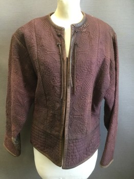 Womens, Historical Fiction Jacket, MTO, Red Burgundy, Cotton, Floral, B34-36, Quilted, Hooks & Eyes, Leather Trim and 2 Leather Ties, Aged/Distressed, Leather Patch See Detail Photos
