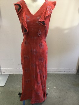 Womens, Housedress, ACE & JIG, Coral Orange, White, Blue, Black, Cotton, Solid, Abstract , S, V-neck, Ruffle Over Shoulders to Waist, Button Back, Long W/slits on Both Sides