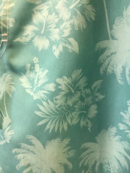 TRUNKS, Sea Foam Green, Polyester, 2 Color Weave, Floral, Velcro Fly, Elastic Waist, Tie Front, 3 Pockets, Dk & Lt Seafoam, Hawaiian Floral Print