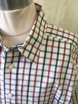 NORDSTROM, White, Red, Blue, Cotton, Plaid-  Windowpane, Button Front, Collar Attached, Long Sleeves, Patch Chest Pocket