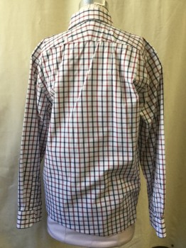 NORDSTROM, White, Red, Blue, Cotton, Plaid-  Windowpane, Button Front, Collar Attached, Long Sleeves, Patch Chest Pocket