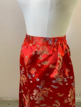 N/L , Red, Multi-color, Silk, Asian Inspired Theme, Brocade with Dragons, Phoenix Birds, Flowers, Etc, 1.5" Wide Self Waistband with Elastic at Sides, Panels of Gray Brocade and Yellow Brocade at Hem, A-Line, Ankle Length, Made To Order