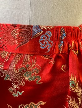N/L , Red, Multi-color, Silk, Asian Inspired Theme, Brocade with Dragons, Phoenix Birds, Flowers, Etc, 1.5" Wide Self Waistband with Elastic at Sides, Panels of Gray Brocade and Yellow Brocade at Hem, A-Line, Ankle Length, Made To Order