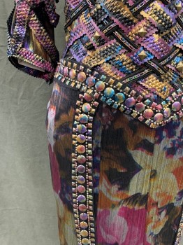 Womens, Sci-Fi/Fantasy Dress, MTO, Purple, Silver, Black, Blue, Fuchsia Pink, Synthetic, Leather, Abstract , Floral, W 25, B 32, XS, Leather Braided Straps Basket Woven Over Synthetic Shiny Fabric, 3/4 Sleeves, Sweetheart Neckline, Keyhole Front, Keyhole Back with Criss Cross Leather Braided Straps That Hook & Eyes to the Side, Zip Back, Multi Color Sequin Detail, Knee Length