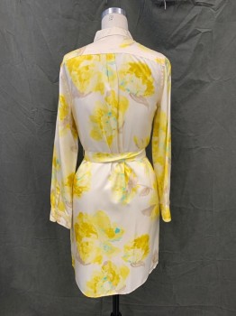 LIZ CLAIBORNE, Yellow, White, Aqua Blue, Silk, Floral, Button Front, Collar Attached, Long Sleeves, Button Cuff, Knee Length, with Self Belt, Multiple *1 Cracked Button, 1 Missing Button*