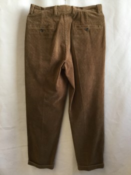 BROOKS BROTHERS, Camel Brown, Cotton, Solid, Corduroy, 1.5" Waist Band with Belt Hoops, 2 Pleat Front, Zip Front, 4 Pockets, Cuff Hem
