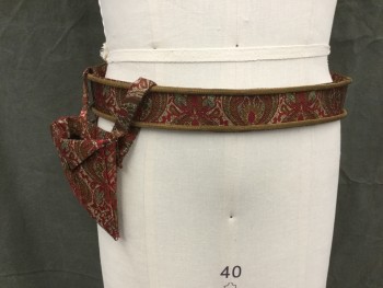 Mens, Historical Fiction Piece 2, MTO, Dk Red, Gold, Silk, Floral, Silk/Lame Floral Brocade, Belt, Velcro Closure Back, Gold Chain Piping, Detachable Bag with 2 Loops