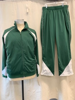 TEAM WORK, Green, White, Polyester, Color Blocking, Zip Front, 1 Pocket, White Paneling & Piping.