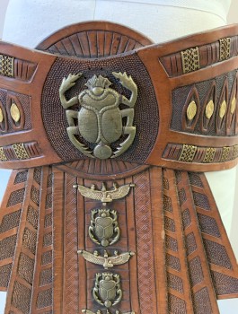 Mens, Historical Fiction Skirt, N/L MTO, Brown, Leather, Metallic/Metal, W32-38, Embossed Leather with Gold Scarab Beetles and Winged Egyptian Gods, 5" Wide Waist Belt with Hanging Tab at Center Front, Leather Thong Ties in Back, Made To Order