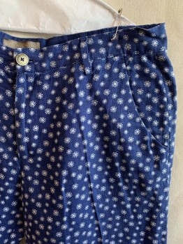 ZARA MAN, Blue, White, Cotton, Polyester, Floral, Flat Front, 4 Pockets, Zip Fly, Button Closure, Belt Loops