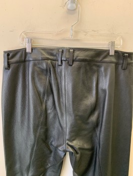Mens, Leather Pants, DAVID CARDONA, Black, Leather, Solid, Ins:37, W:37, Flat Front, Vertical Seam Down Center of Each Leg, Zip Fly, Straight Leg, No Pockets, Belt Loops