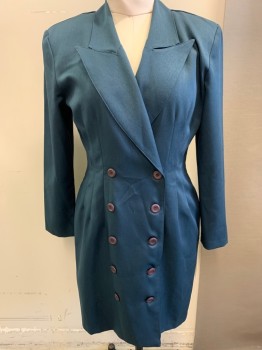Womens, Dress, LA BELLE, Navy Blue, Polyester, Solid, 9, Long Sleeves, Double Breasted, Peaked Lapel, Padded Shoulders, Darts At Waist, Hem Above Knee