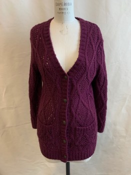 Womens, Sweater, LEYDEN, Plum Purple, Acrylic, Solid, S, 5 Buttons, 2 Pockets, V-neck, Long Sleeves