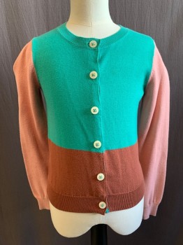 Childrens, Cardigan Sweater, MINI BODEN, Teal Green, Pink, Brown, Cotton, Color Blocking, 5-6Y, Button Front, Ribbed Knit Neck/Waistband/Cuff * Faded Brown Stain Front Near Buttons*