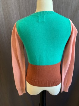 Childrens, Cardigan Sweater, MINI BODEN, Teal Green, Pink, Brown, Cotton, Color Blocking, 5-6Y, Button Front, Ribbed Knit Neck/Waistband/Cuff * Faded Brown Stain Front Near Buttons*