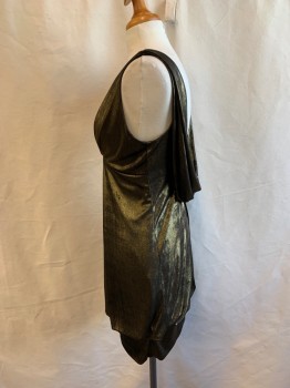 Womens, Cocktail Dress, ABS, Bronze Metallic, Polyester, Lycra, Solid, S, Deep V-neck, Sleeveless, Draped Swag Back From Shoulder to Shoulder, Deflated Balloon Skirt