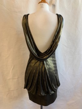Womens, Cocktail Dress, ABS, Bronze Metallic, Polyester, Lycra, Solid, S, Deep V-neck, Sleeveless, Draped Swag Back From Shoulder to Shoulder, Deflated Balloon Skirt