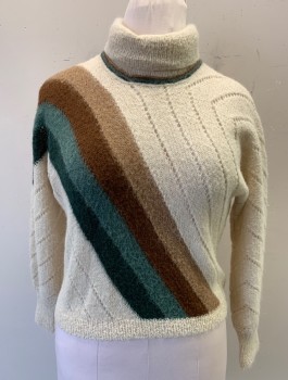 Womens, Sweater, N/L, Cream, Forest Green, Brown, Beige, Wool, B:38, Knit, Turtleneck, Diagonal Stripes Across Chest, Long Sleeves, Diagonal Ribbed Texture in Knit
