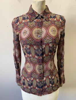 BROOKS BROTHERS, Red Burgundy, Black, Beige, White, Silk, Paisley/Swirls, Chiffon, Long Sleeves, Button Front, Collar Attached
