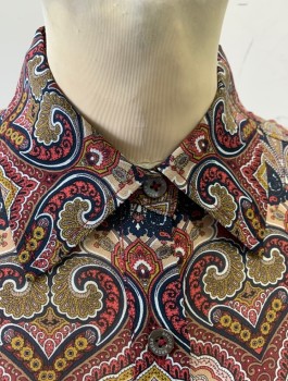 BROOKS BROTHERS, Red Burgundy, Black, Beige, White, Silk, Paisley/Swirls, Chiffon, Long Sleeves, Button Front, Collar Attached