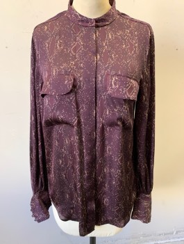 EQUIPMENT, Dk Purple, Beige, Black, Polyester, Dots, Abstract , Long Sleeves, Button Front, Band Collar, 2 Patch Pockets with Flaps, Blousy Sleeves with 5 Button Cuffs
