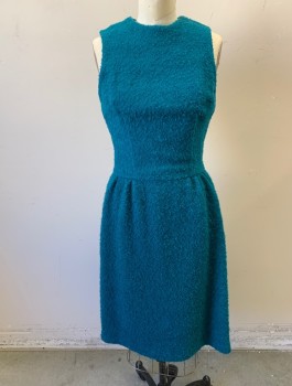 Womens, 1960s Vintage, Suit, Dress, N/L, Turquoise Blue, Wool, Solid, W:27, B:32, H:38, Boucle Textured Wool, Sleeveless, Round Neck, Fitted Waist, Straight Cut Skirt, Knee Length, Center Back Zipper,
