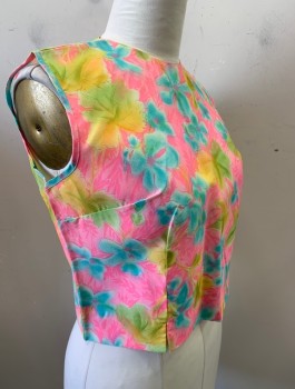 AN EM-SEE BLOUSE, Hot Pink, Sky Blue, Lime Green, Yellow, Synthetic, Floral, Leaves/Vines , Crepe, Sleeveless, Round Neck, Buttons in Back, Darts at Waist with Small Vents at Ends of Each Dart