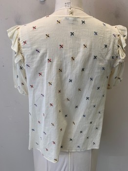MADEWELL, Ivory White, Cotton, S/S with Ruffle Cap, Multicolor "X" Embroidery, V-N Slash, Gauze