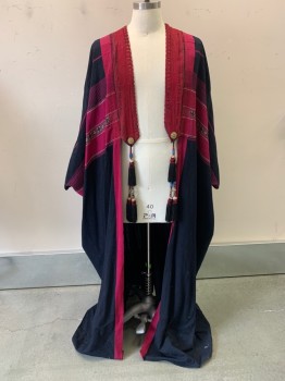 Mens, Historical Fiction Robe, MTO, Black, Maroon Red, Cotton, Stripes - Horizontal , Geometric, OS, Open Front, Maroon & Crimson Red Trim,  "X", Herringbone, Square, & Diamond Embroidery, Silver & Red Piping, Beaded Tassels at Front & at Center Back, Floor Length Hem