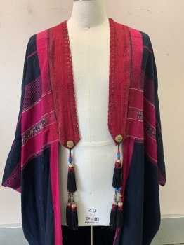 Mens, Historical Fiction Robe, MTO, Black, Maroon Red, Cotton, Stripes - Horizontal , Geometric, OS, Open Front, Maroon & Crimson Red Trim,  "X", Herringbone, Square, & Diamond Embroidery, Silver & Red Piping, Beaded Tassels at Front & at Center Back, Floor Length Hem