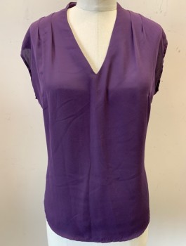 INC, Aubergine Purple, Polyester, Rayon, Solid, Cap Sleeve, Front is Chiffon, Back is Jersey, V-Neck, Pleats at Shoulder Seam, Pullover