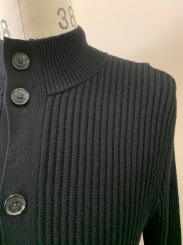Mens, Cardigan Sweater, BOSS, Black, Cotton, Viscose, Solid, M, Mock Neck, Button Front,
