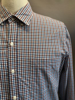 J CREW, White, Blue, Red Burgundy, Cotton, Gingham, L/S, Button Front, Collar attached, Chest Pocket