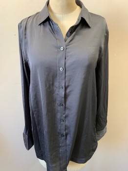 BANANA REPUBLIC, Dk Gray, Polyester, Solid, Long Sleeves, Button Front, Collar Attached,
