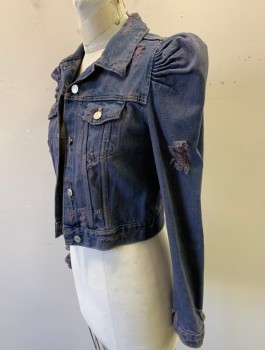 ZARA TRAFALUC, Denim Blue, Cotton, Solid, Gathered Puffy Sleeves, Button Front, Collar Attached, Aged/Holey Throughout, Gray Over-Dyed, 2 Pockets