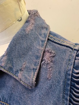 Womens, Jean Jacket, ZARA TRAFALUC, Denim Blue, Cotton, Solid, S, Gathered Puffy Sleeves, Button Front, Collar Attached, Aged/Holey Throughout, Gray Over-Dyed, 2 Pockets