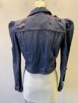Womens, Jean Jacket, ZARA TRAFALUC, Denim Blue, Cotton, Solid, S, Gathered Puffy Sleeves, Button Front, Collar Attached, Aged/Holey Throughout, Gray Over-Dyed, 2 Pockets