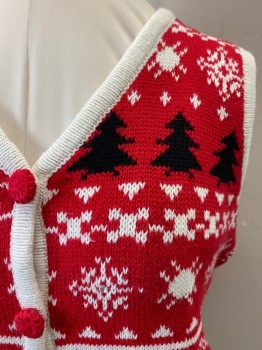 Mens, Sweater Vest, HOLIDAY EDITIONS , Red, Cream, Black, Ramie, Cotton, Holiday, M, Red Background with Black Pine Trees and Black Reindeers, Cream Snowflakes and Trim, 5 Red Covered Buttons, Clear Buttons, Behind Placket, Red and Clear Beads, V-neck