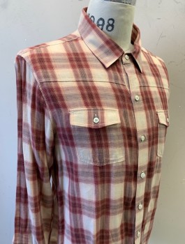 PAIGE, Red Burgundy, Beige, Dusty Rose Pink, Cotton, Plaid, Flannel, L/S, Button Front, Collar Attached, Horizontal Yoke Across Upper Chest, 2 Pockets with Flaps