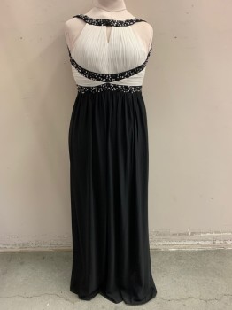 QUIZ, White, Black, Polyester, Elastane, Sheath, White Pleated Bodice, Triangle Cut Out Below Neckline, Black Straps with Sliver Sequins and Black Beads, Criss Cross Detail on Waist (Same As Straps), Black Skirt, Open Back,  Zip Back