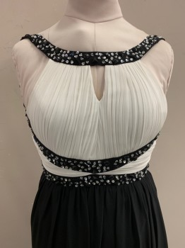 QUIZ, White, Black, Polyester, Elastane, Sheath, White Pleated Bodice, Triangle Cut Out Below Neckline, Black Straps with Sliver Sequins and Black Beads, Criss Cross Detail on Waist (Same As Straps), Black Skirt, Open Back,  Zip Back