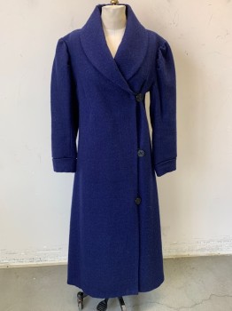 Womens, Coat 1890s-1910s, N/L MTO, Navy Blue, Wool, Solid, B:32, XS, H<34", Made To Order, Thick Wool, Shawl Lapel, Foldover Front with 3 Black Nautical Buttons with Loop Closures, Puffy Sleeves, Ankle Length, Black Twill Lining
