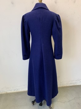 Womens, Coat 1890s-1910s, N/L MTO, Navy Blue, Wool, Solid, B:32, XS, H<34", Made To Order, Thick Wool, Shawl Lapel, Foldover Front with 3 Black Nautical Buttons with Loop Closures, Puffy Sleeves, Ankle Length, Black Twill Lining