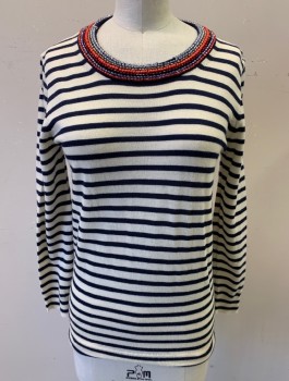 J CREW, Cream, Navy Blue, Wool, Stripes - Horizontal , Knit, Red and Purple Beaded Edge at Round Neck, Long Sleeves, 1 Button Closure at Back of Neck