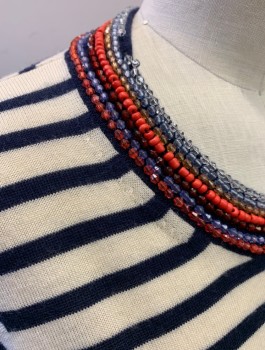 J CREW, Cream, Navy Blue, Wool, Stripes - Horizontal , Knit, Red and Purple Beaded Edge at Round Neck, Long Sleeves, 1 Button Closure at Back of Neck