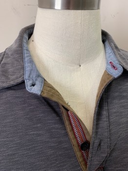 TRUE GRIT, Gray, Modal, Polyester, Solid, 3 Buttons,  Long Sleeves, Contrasting Trim at Collar