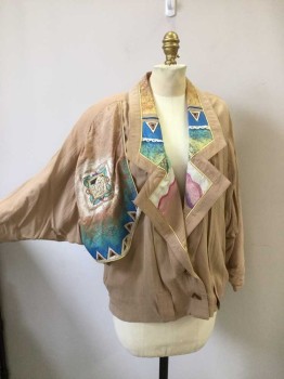 Womens, Jacket, KK88 DESIGNS, Camel Brown, Blue, Aqua Blue, Lt Brown, Gold, Rayon, Acrylic, Abstract , S, Light Weight Rayon with Blue, Aqua, Cream & Pink Hand Painted Design on Collar, Lapel, Right Yoke Vent, Back Vent Has Painted Square with Appliqué at Center Back, Gold Piping at Vent Trim, 2 Button Center Front, Batwing Sleeves, Triangular Shaped Wooden Buttons.