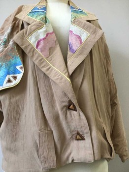 Womens, Jacket, KK88 DESIGNS, Camel Brown, Blue, Aqua Blue, Lt Brown, Gold, Rayon, Acrylic, Abstract , S, Light Weight Rayon with Blue, Aqua, Cream & Pink Hand Painted Design on Collar, Lapel, Right Yoke Vent, Back Vent Has Painted Square with Appliqué at Center Back, Gold Piping at Vent Trim, 2 Button Center Front, Batwing Sleeves, Triangular Shaped Wooden Buttons.
